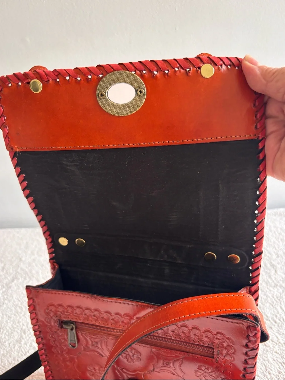 Brown Reddish Floral Embossed Faux Leather Crossbody Bag Adjustable Strap Boho